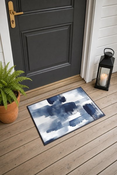 PaintedAnarchy Navy Blue and White Watercolor Brush-Patterned Doormat, 40x60 ...