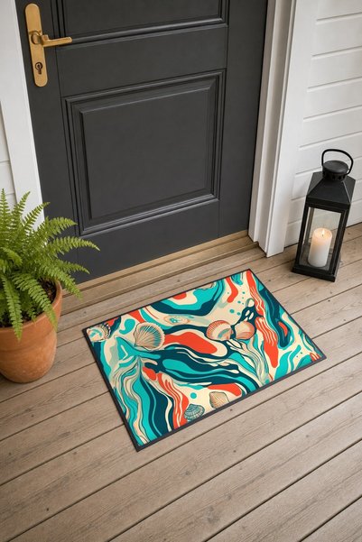 PaintedAnarchy Cream Turquoise Coral Shell Flow-Patterned Doormat, 40x60 cm, ...