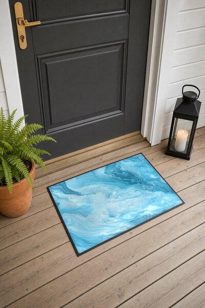 PaintedAnarchy Sky Blue Watercolor Marble Patterned Doormat, 40x60 cm, with N...