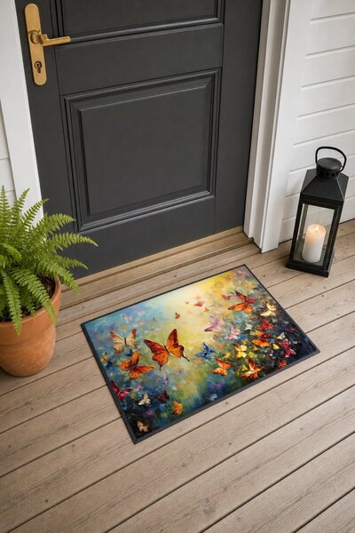 PaintedAnarchy 663 Orange and Blue Butterfly-Patterned Doormat, 40x60 cm, wit...