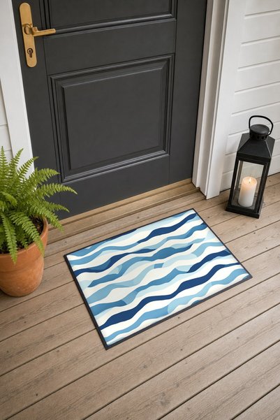 PaintedAnarchy Blue and White Striped Patterned Doormat, 40x60 cm, with Non-S...