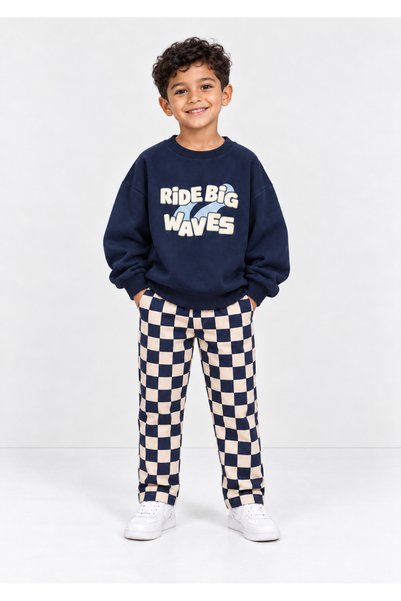 FURYATEX Boys' Printed Oversized 2-Ply Sweatshirt and Checked Gabardine Pants...