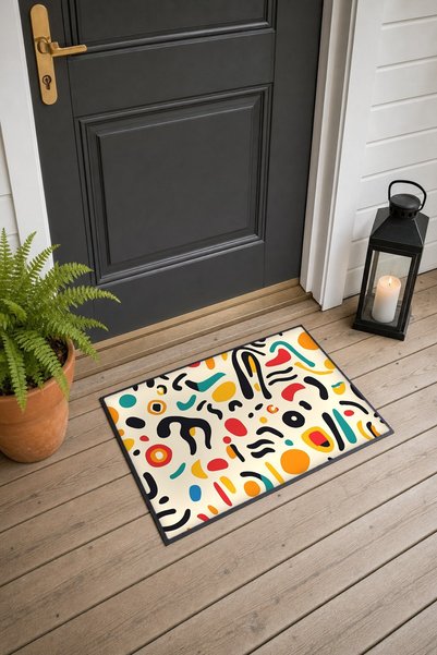 PaintedAnarchy Cream-Colored Memphis Doodle-Patterned Doormat, 40x60 cm, with...