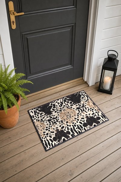 PaintedAnarchy Beige and Black Floral Print Leopard Pattern Doormat, 40x60 cm...
