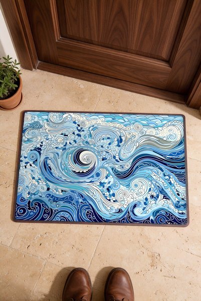 PaintedAnarchy Blue Waves Dance Turkish Rug-Patterned Doormat, 40x60 cm, with...