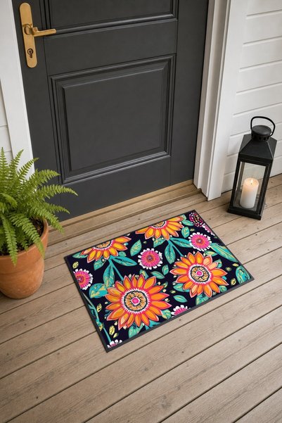 PaintedAnarchy Black and Orange Sunflower Garden-Patterned Doormat, 40x60 cm,...