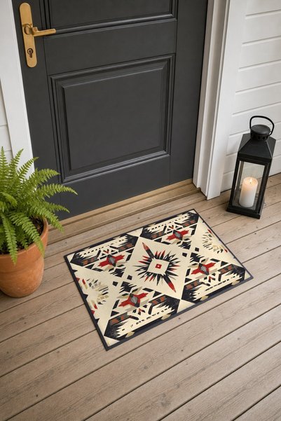 PaintedAnarchy Beige and Black Navajo-Patterned Kilim Rug Doormat, 40x60 cm, ...