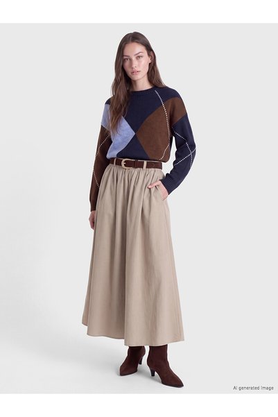LC Waikiki TWO MT SHOP QUALITY LCW Modest Khaki Poplin Solid Midi Women's Skirt