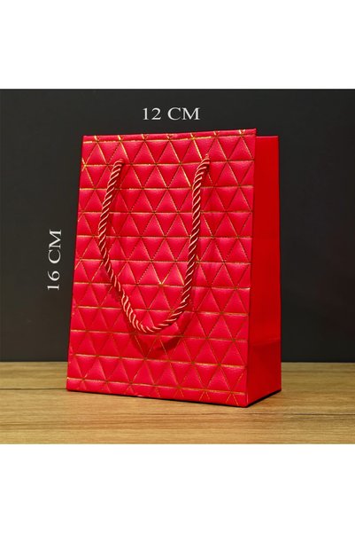 Kırmızı Geometrik Desenli Mini Boy Karton Hediye Çantası