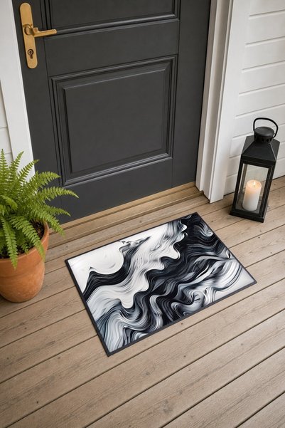 PaintedAnarchy Black and White Fluid Wave-Striped Pattern Doormat, 40x60 cm, ...