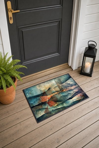 PaintedAnarchy Blue and Orange Wavy-Patterned Doormat, 40x60 cm, with Non-Sli...
