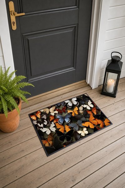 PaintedAnarchy 518 Orange and Black Butterfly-Patterned Doormat, 40x60 cm, wi...