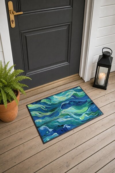 PaintedAnarchy Navy Blue and Green Oil-Based Paint Wave-Patterned Doormat, 40...