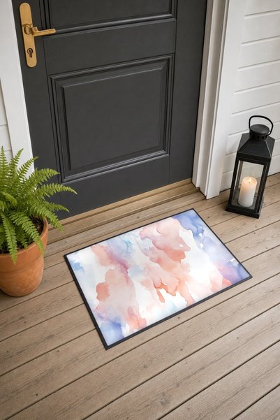 PaintedAnarchy Blue Coral Watercolor Cloud-Patterned Doormat, 40x60 cm, with ...