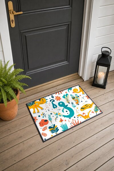 PaintedAnarchy White and Orange Lizard-Patterned Doormat, 40x60 cm, with Non-...