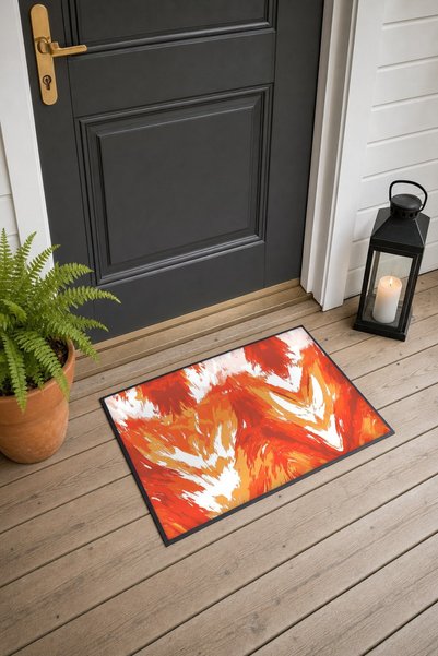 PaintedAnarchy Orange and White Flame-Patterned Doormat, 40x60 cm, with Non-S...