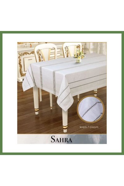 Hobibahçem Sahra Cream 160x260 cm Lace-Like Knit Linen Tablecloth, Dining Tab...