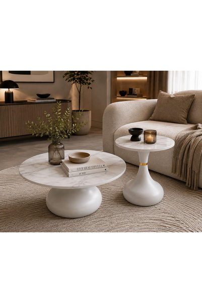 GENERAL Luxury Round Coffee Table Set with White Marble Top & Gold Tulip Base