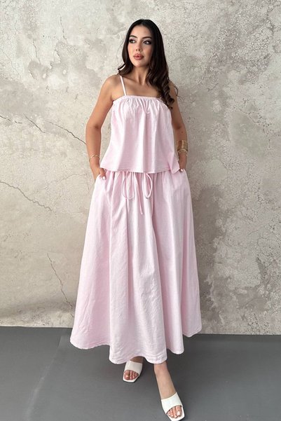 WeShaya Pink Flounce Blouse and Skirt Set