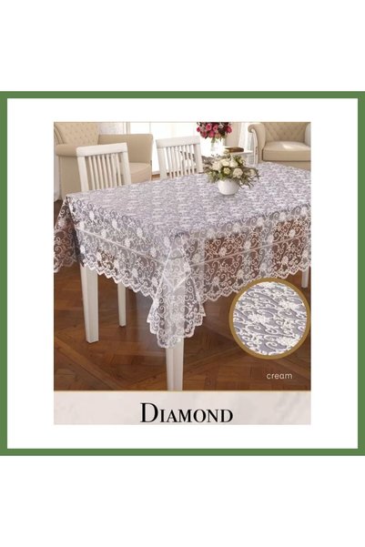 Hobibahçem 160x260 cm Diamond-Patterned Cream-Colored Lace Embroidered Dining...