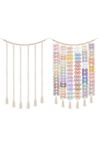 Tazweeq Boho Hair Bow Holder, Wood Beads Wall Decor Rack
