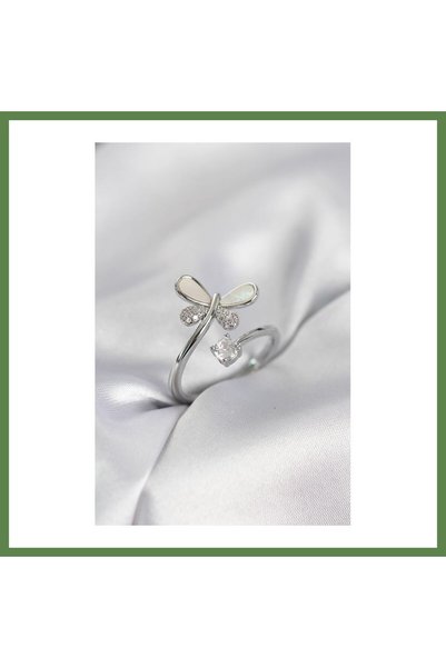 Hobibahçem Silver-Colored Dragonfly-Style Modal Women's Ring with Zircon Ston...