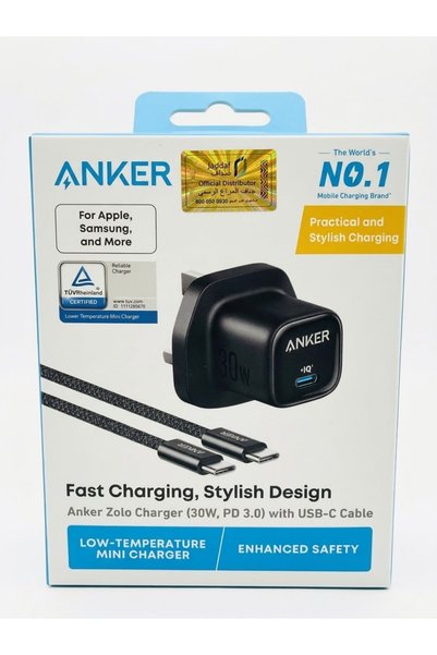 Anker شاحن جداري انكر زولا بقوه 30 واط مع سلك تايب سي - اسود