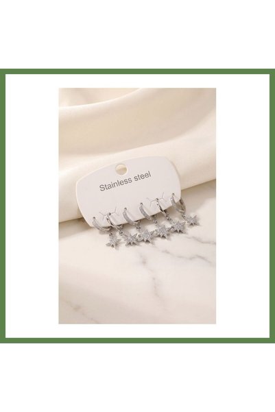 Hobibahçem 316L Steel Silver-Colored North Star-Style Women's Earring Set HB006