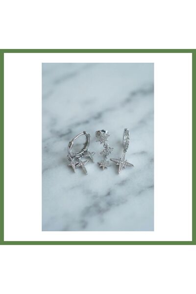 Hobibahçem North Star Modal Silver-Colored 3-Piece Earring Set HB006