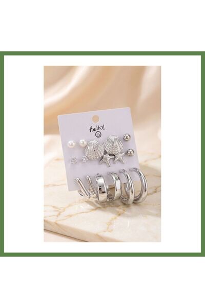 Hobibahçem Silver-Plated, Seashell-Detailed CCB 9-Pair Women's Earring Set HB006