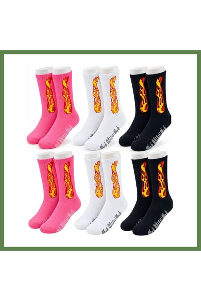 Hobibahçem Unisex Flame-Patterned Socks, 6-Pack, Cotton, Long Socks, Stitch-F...