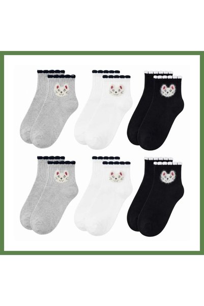 Hobibahçem Women's Cat-Print Short-Cuff Socks, 6-Pack, 80% Cotton, Stitch-Fre...
