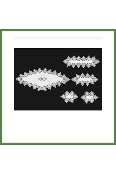 Hobibahçem Pera Model Cream 5-Piece Lace-Trimmed Linen Tablecloth and Table R...