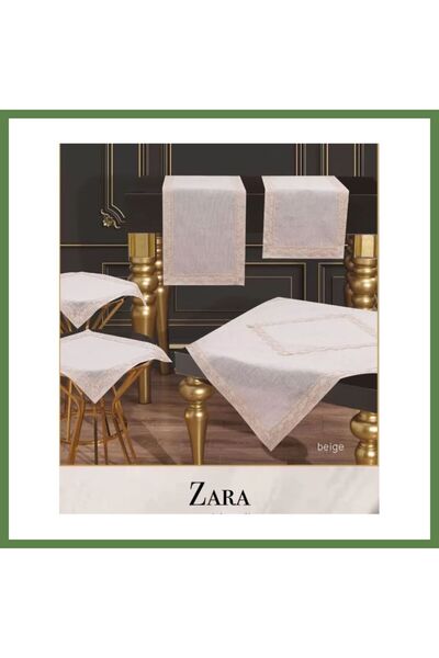 Hobibahçem Model: Beige Lace-Trimmed Linen Tablecloth Table Runner Set, 5-Pie...