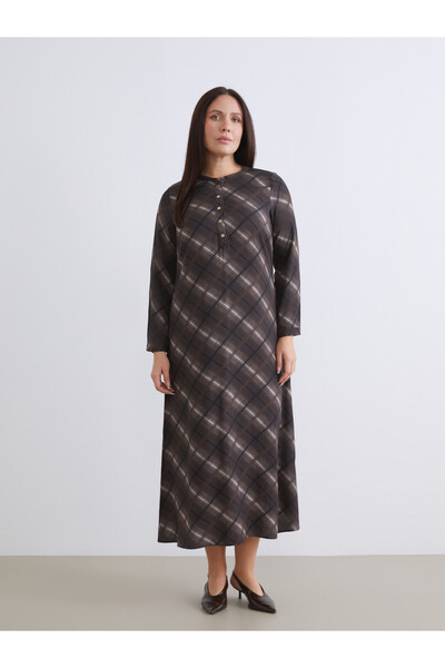 LC Waikiki LCW Grace Brown Gabardine-Print Standard & Regular Collared Long D...