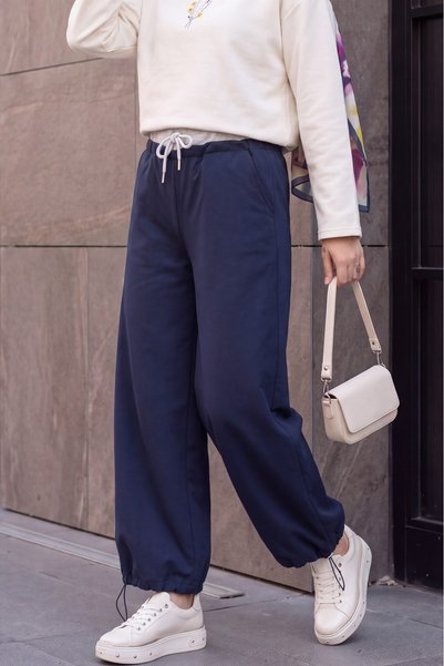 Modamorfo Cupra Pants with Drawstring Waist, Hem Detail, and Wide Legs - Navy...