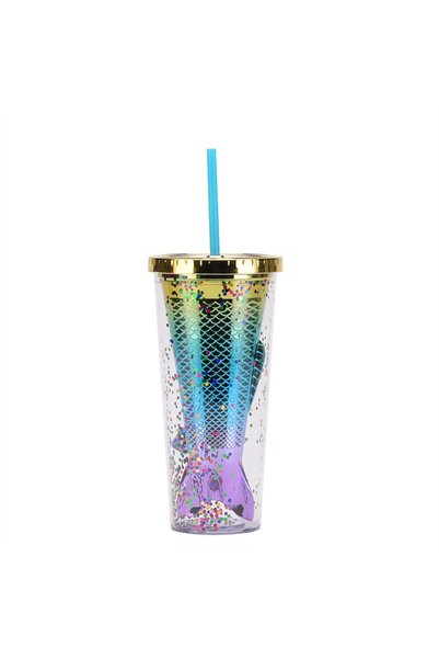 Generic Double Wall Plastic Mermaid Tail Straw Cup Electroplated Sequin Tumbler