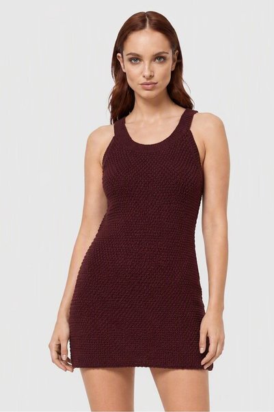 Monki Women Crochet Mini Dress, Dark Maroon
