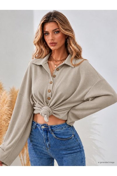 MODA بلوزة عصرية بأكمام طويلة وياقة وأزرار أمامية.