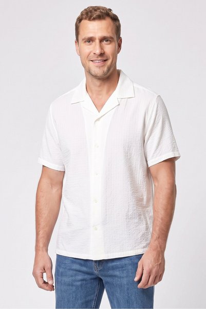For The Republic Men Regular Fit Textured Short Sleeve Casual Shirt, White