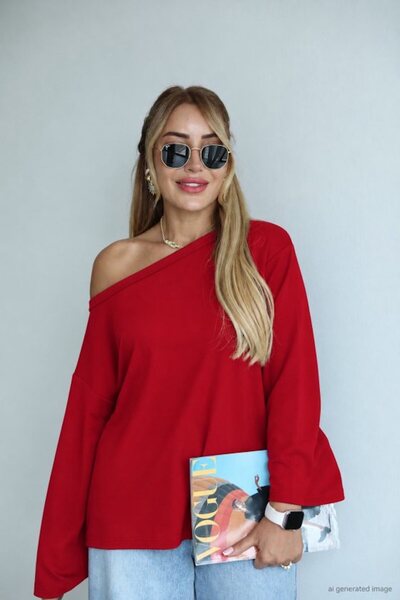 MODA بلوزة أنيقة وعصرية بكتف واحد مكشوف، بتصميم فضفاض ومريح.