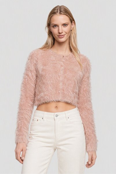 Monki Women Crew Neck Long Sleeve Textured Crop Top, Pink