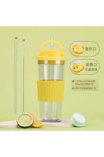 Generic كوب بلاستيكي مزدوج الجدار مع شفاطة واسعة سعة 710 مل، غطاء بوبا، مزدوج...
