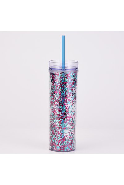 Generic Double Wall Thick Plastic Straw Cup Clear Sequin Straight Shatterproof