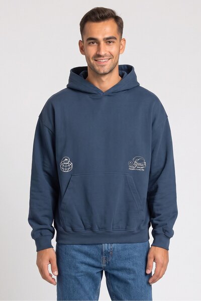 Cropp Men Hood Graphic Print Long Sleeve Hoodie, Teal Blue