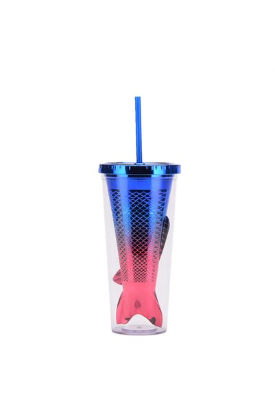 Generic Double Wall Plastic Mermaid Tail Straw Cup Electroplated Sequin Tumbler