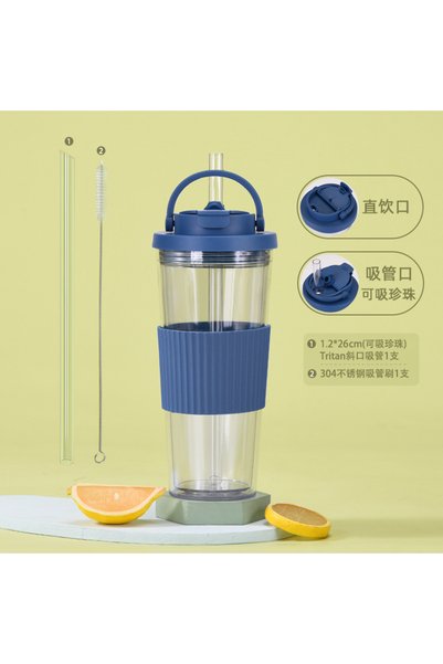 Generic كوب بلاستيكي مزدوج الجدار مع شفاطة واسعة سعة 710 مل، غطاء بوبا، مزدوج...