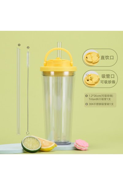 Generic كوب بلاستيكي بجدار مزدوج مع مصاصة واسعة سعة 710 مل، مقبض بوبا، مزدوج ...