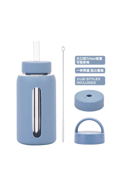 Generic Glass Water Bottle 600ml Silicone Sleeve Dual Lid for Bubble Tea Outdoor