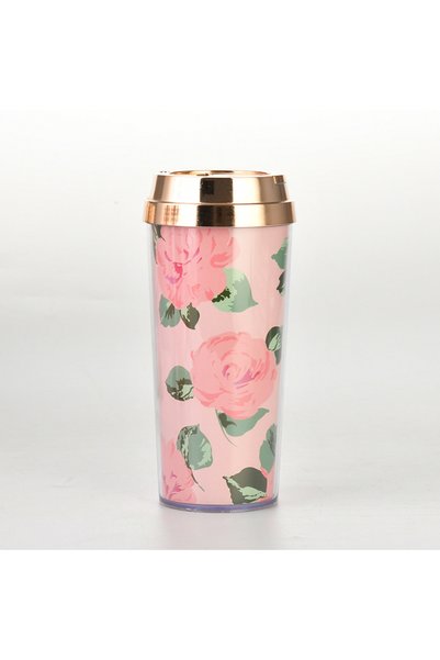 Generic Double Wall Plastic Coffee Cup 450ml Flower Insert Insulated Travel Mug